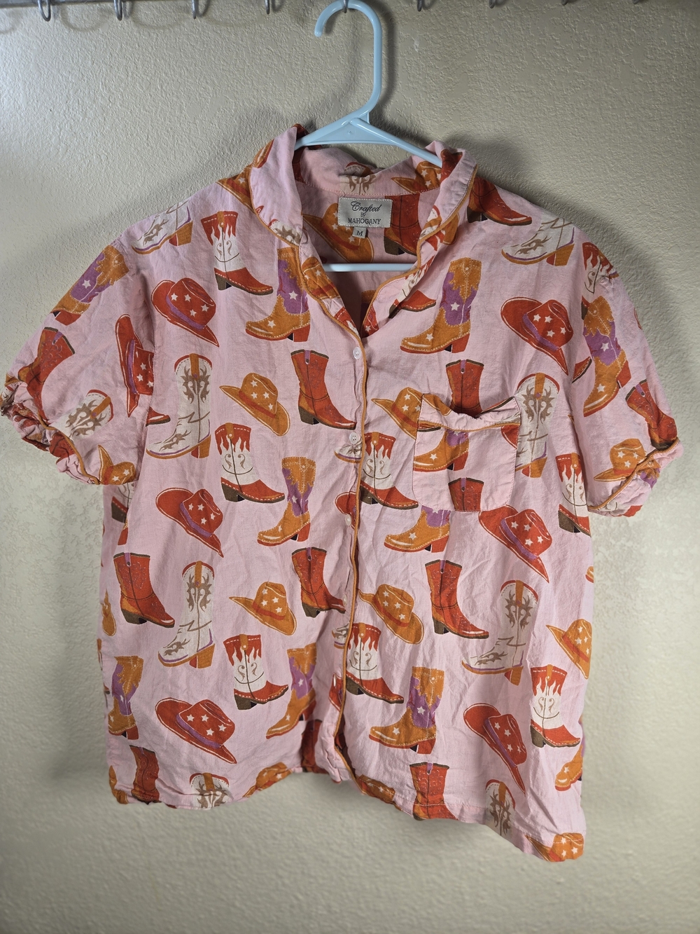 Crafted By Mahogany Pink Short-Sleeve Button-Up Orange &Pink Western Print Pj